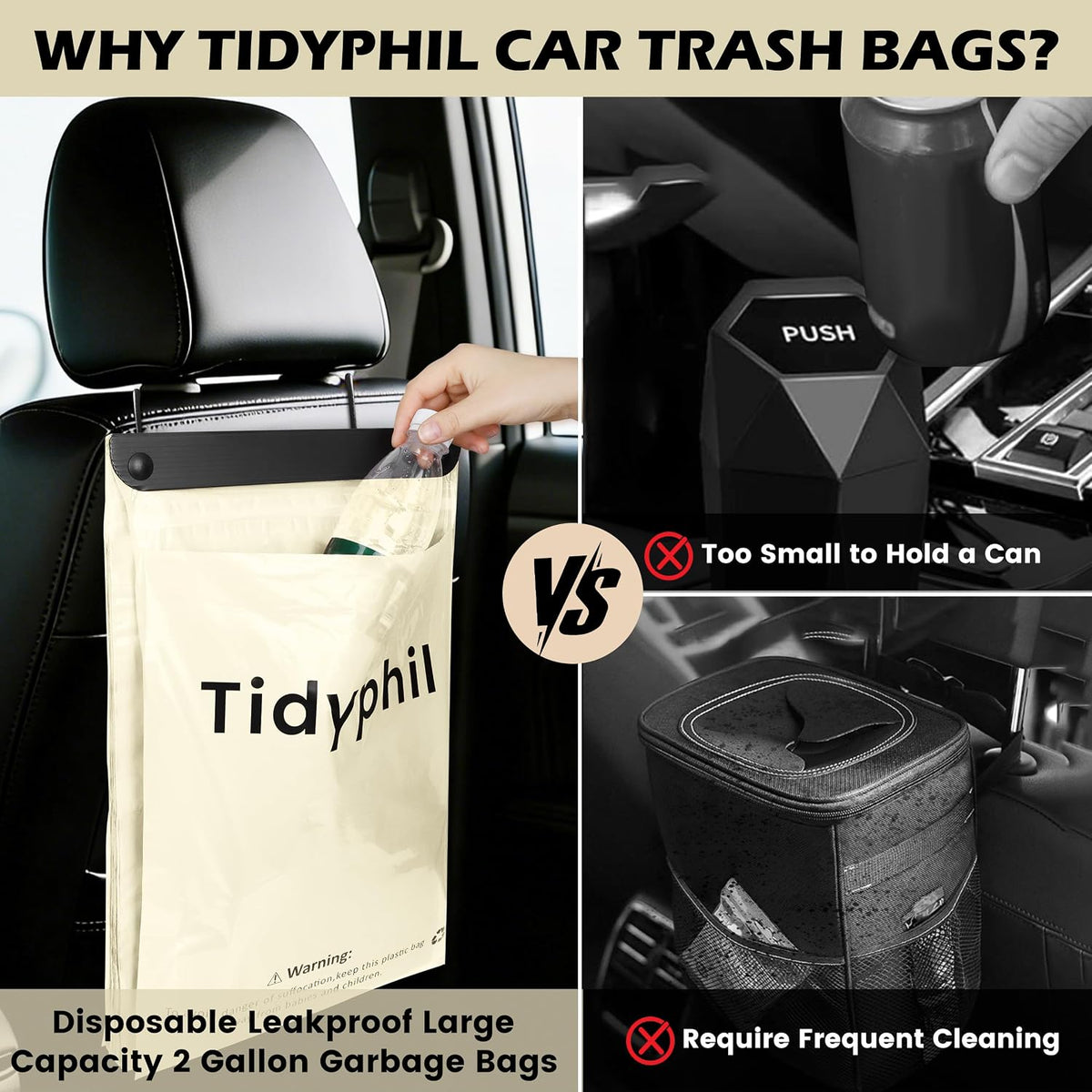 50 Bags Hanging Car Trash Bags Disposable, 2 Gallon Car Garbage Bags. Beige