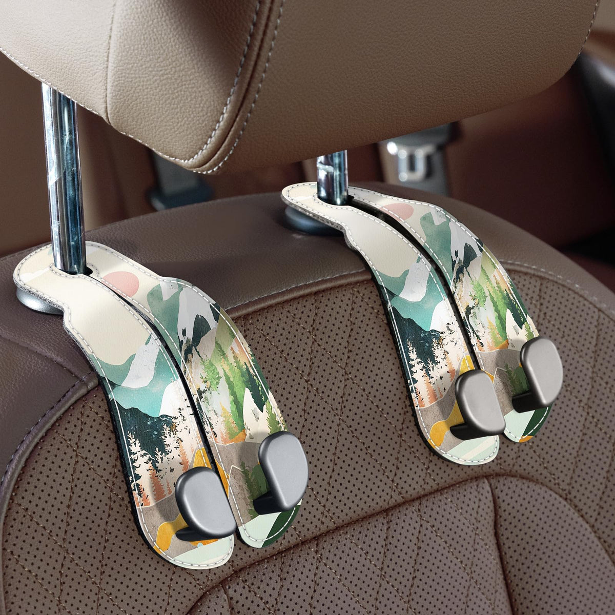 CoBak Purse Hook for Car - Universal Premium Stitched Leather and Aluminum-Magnesium Alloy Double Car Seat Back Storage Hook for Purses, Handbags, Bags (2 Pack),SageGreen