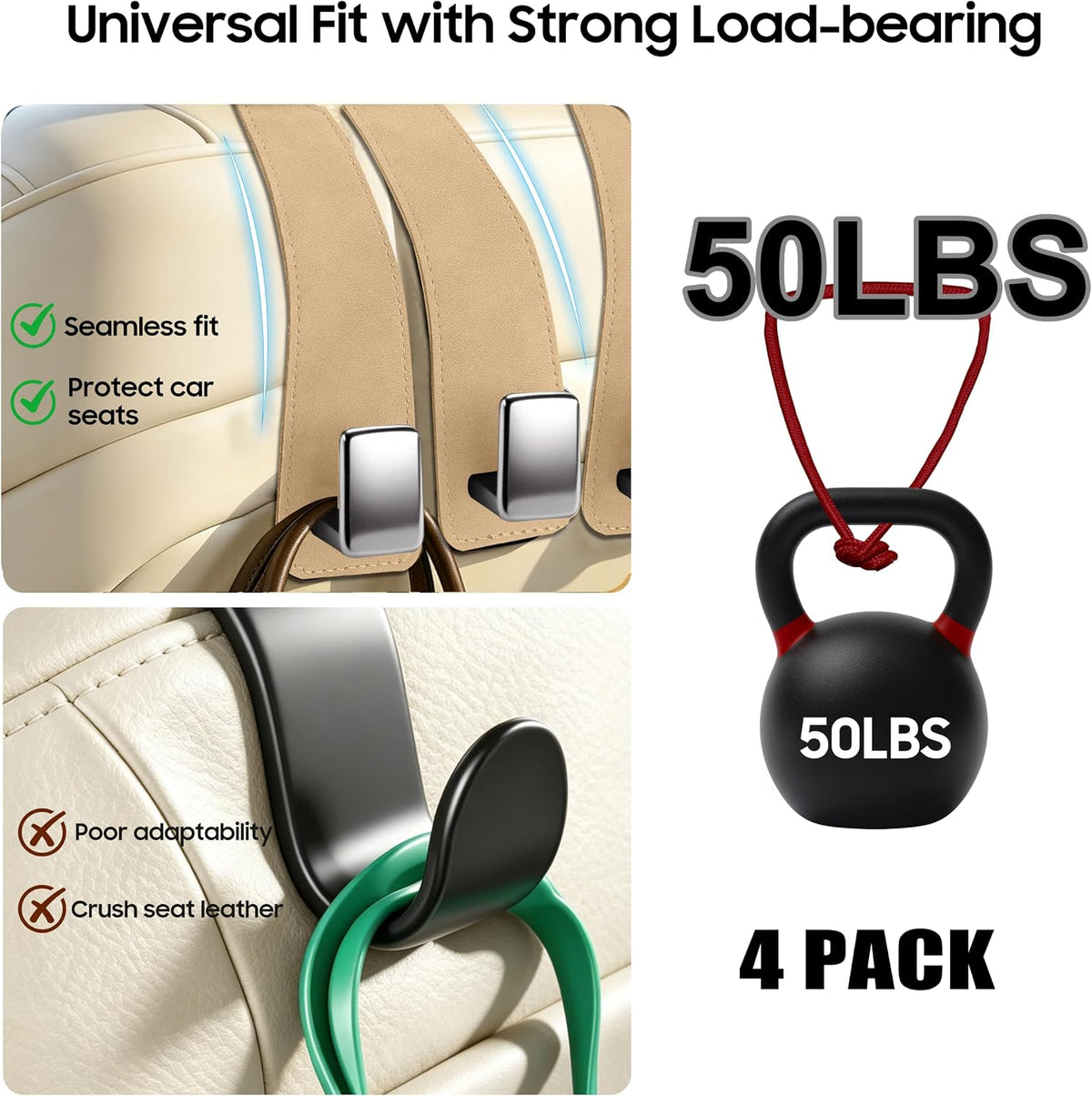 Amooca 4-Pack Anti-Fall Car Headrest Hooks Metal Core Hanger for Bags