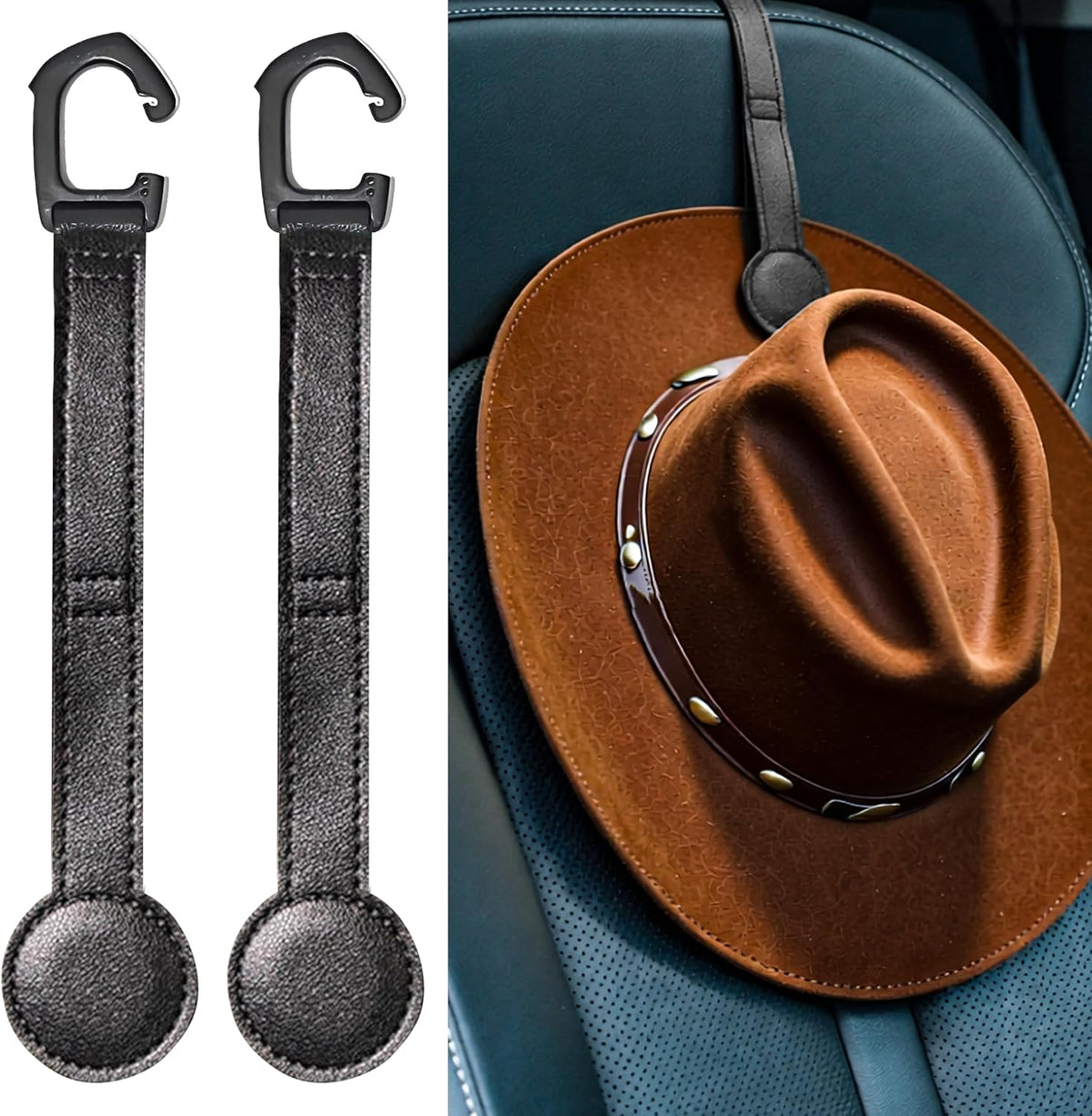 2 Pack Cowboy Hat Hanger for Car, Magnetic Hat Holder for Truck, Jeep, SUV, Headrest Hook Organizer for Caps, Keys, Sunglasses, Bags (Black) (2)