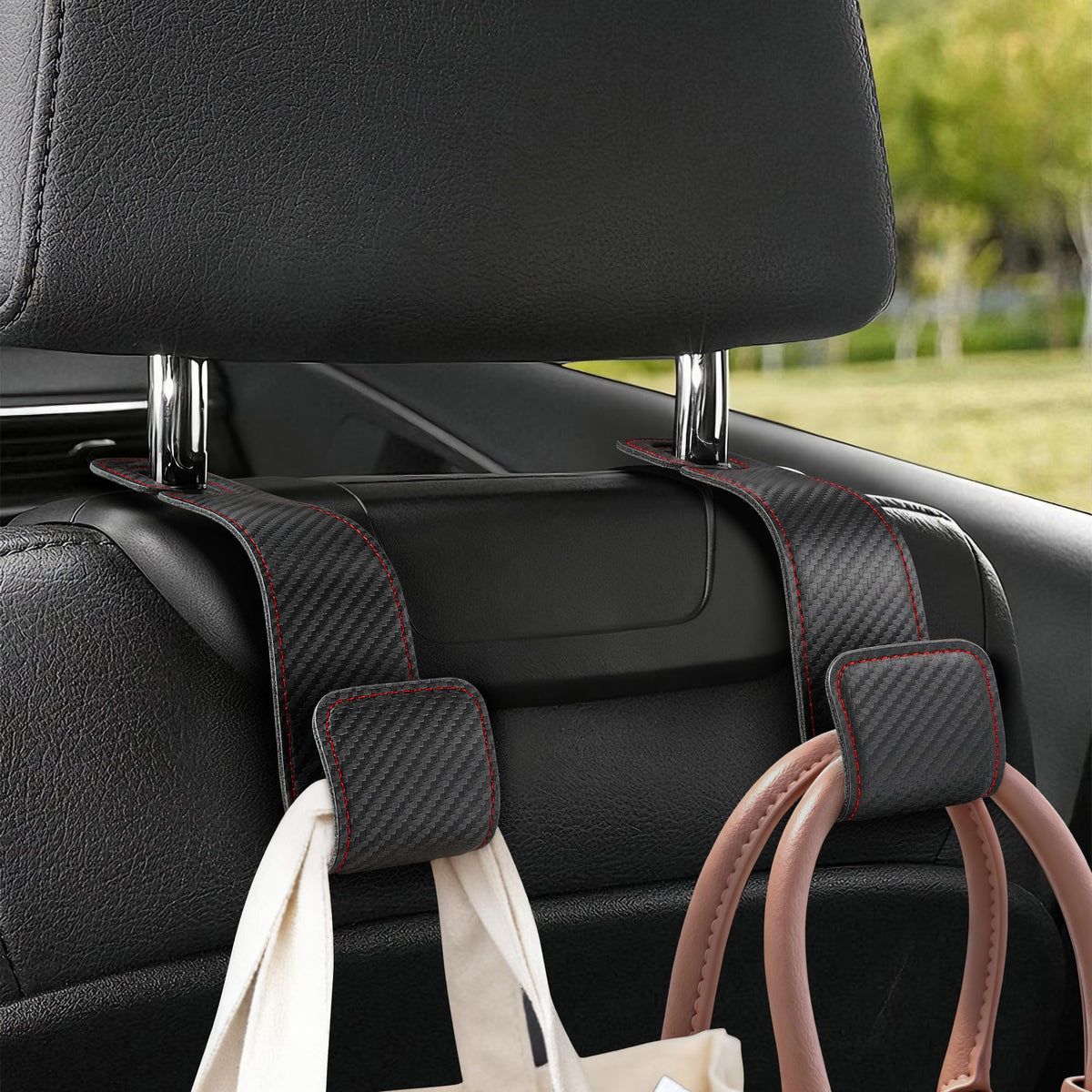 Leather Car headrest Hook for Purses and Bags (Black, 2pcs)