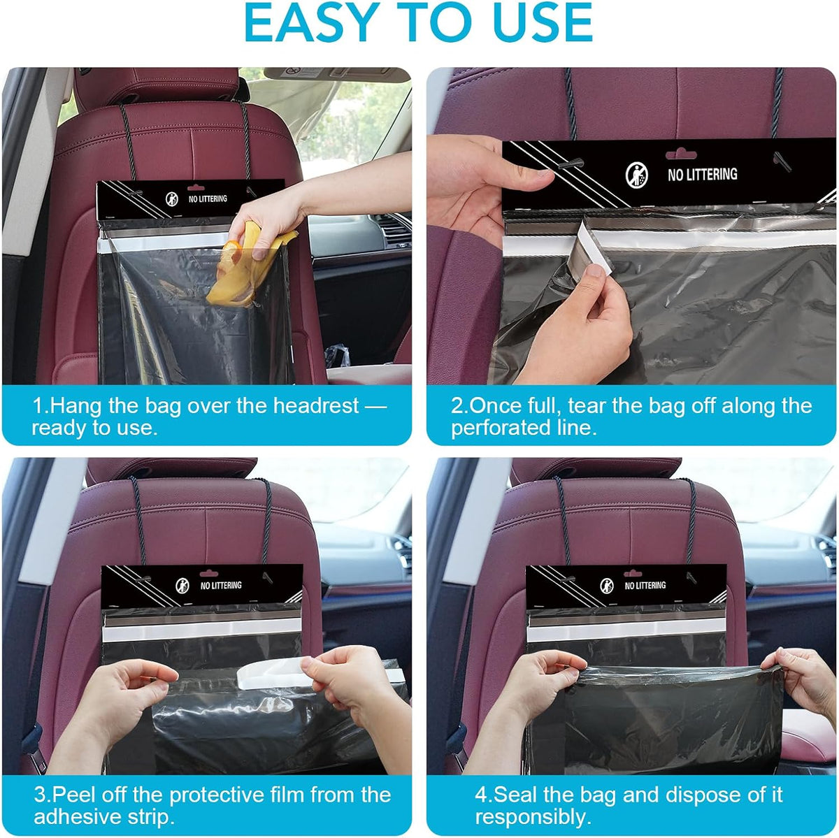 Disposable Car Trash Bag - Large Capacity - Car Garbage Bag Hanging from Headrest - Easy to Stick-On, Leakproof, Smellproof Car Trash Can - Ideal for Travel, Camping, and Home Use (All Black, 50)