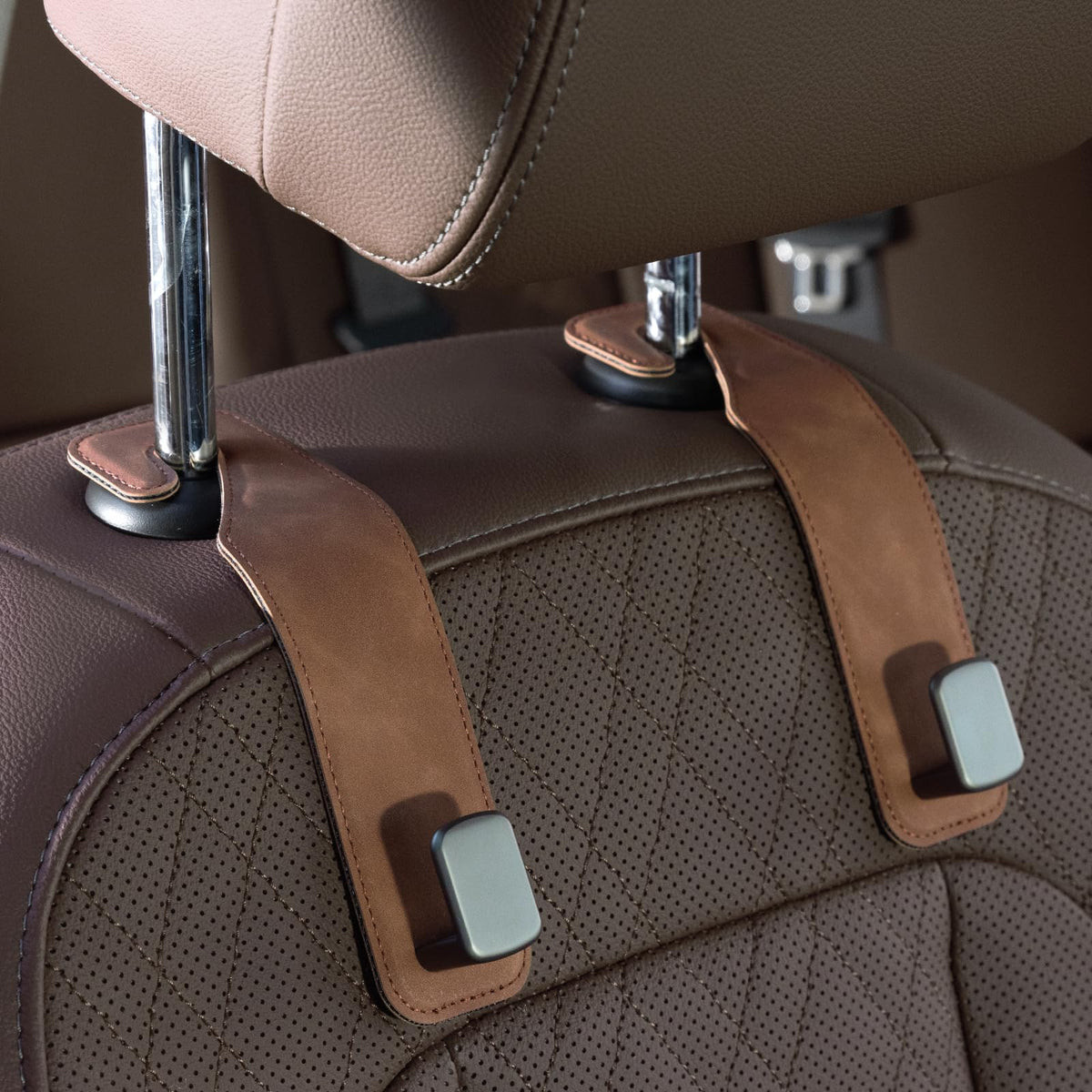 CoBak Purse Hook for Car - Universal Premium Stitched Leather and Aluminum-Magnesium Alloy Double Car Seat Back Storage Hook for Purses, Handbags, Bags (2 Pack),Beige