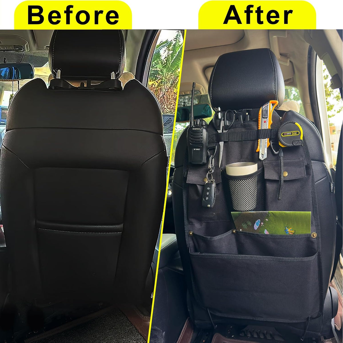Black Car Seat Back Organizer with Multiple Pockets and Hooks