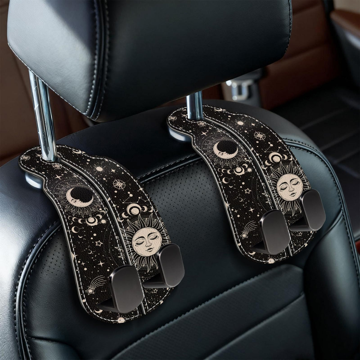 Blusabaca 2PCS Car Seat Headrest Hooks, Purses Bags Holder, Sun and Moon