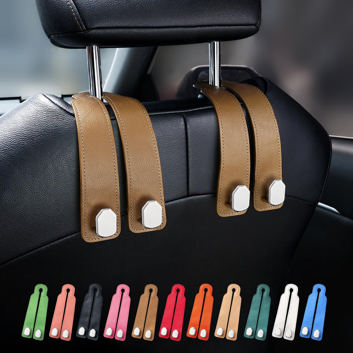 Car Seat Headrest Hooks, Genuine Leather and Zinc Alloy Car Purse Hook,Car Bag Hook,Car Seat Back Storage Hook for Purses, Handbags, Bags