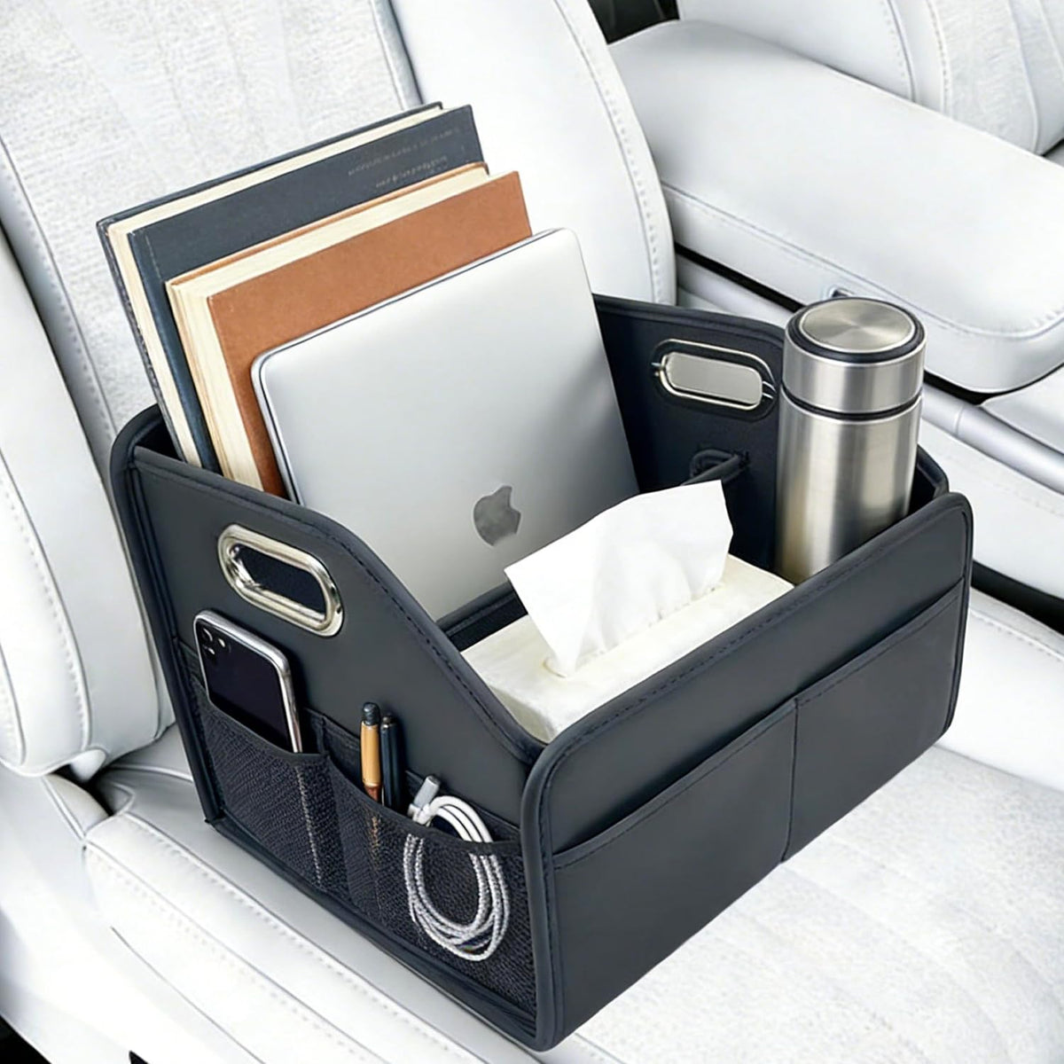 Car Storage Organizer Foldable PU Leather Front Seat Caddy