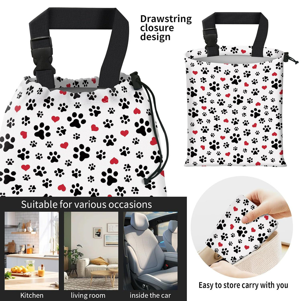 Car Trash Bag Large Hanging Can for Back of Seat, Cute Waterproof Car Garbage Bag for Vehicle, Travelling, Outdoor Cute Dog Paw Heart