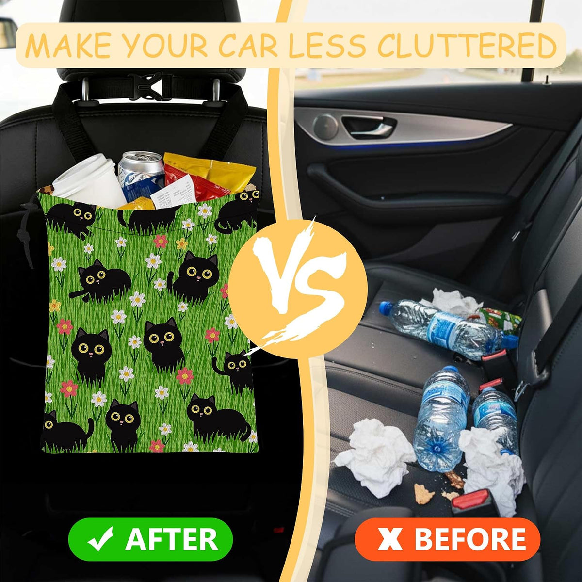 Car Trash Bag Waterproof Hanging Car Garbage Bag Black Cats Floral
