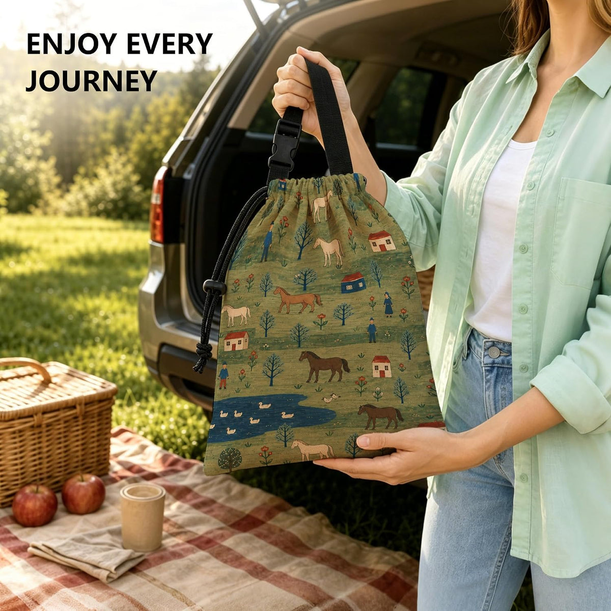 Sage Green Horse Lover Car Trash Bag Hanging, 11x13Inch