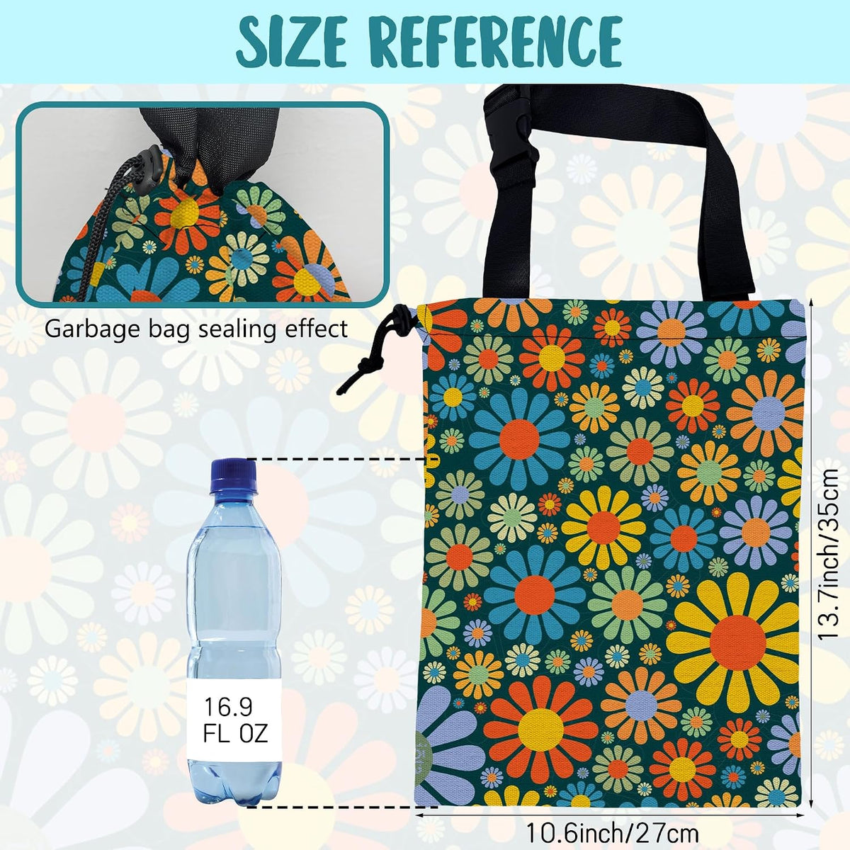 Car Garbage Bag Vintage Groovy 70s Floral Drawstring Car Trash Bag Hanging for Back Seat with Adjustable Buckle Canvas Vehicle Trash Can Easy-to-Install
