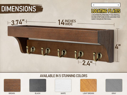 Rebee Vision Key Holder Wall Mount with 5 Hooks for Entryway, Retro Brown