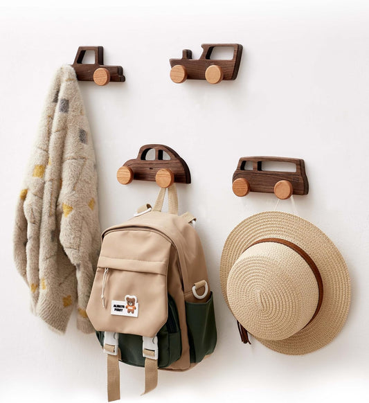 Vinoil Kids Coat Hooks Wall Mount, Walnut Car-Shaped Coat Rack Heavy Duty for Bathrooms,Kids’ Room,Door,Nursery,Entryway, 4 Pack Wood Wall Hooks for Hanging Hats,Backpacks,Towels,Keys&Clothes