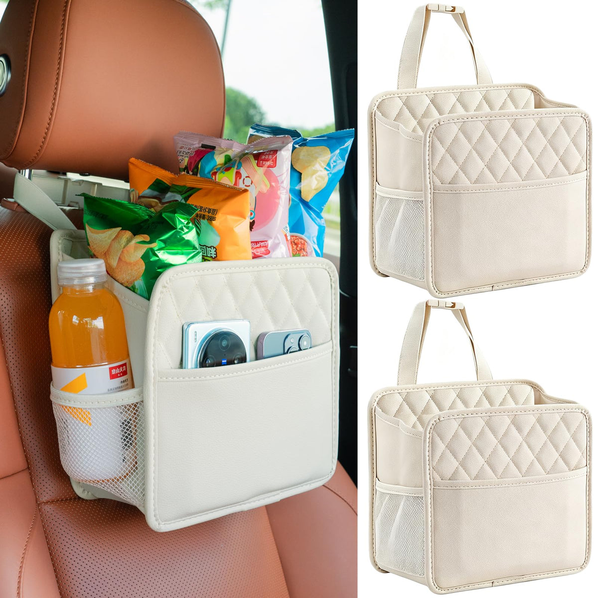 FrgKbTm 2Pack Car Seat Back Organizer, Waterproof Car Backseat Organizer with Cup Holders Large Capacity Hanging Car Storage Bag for Phones Documents Cups Bottle Travel Compatible with Most Vehicles