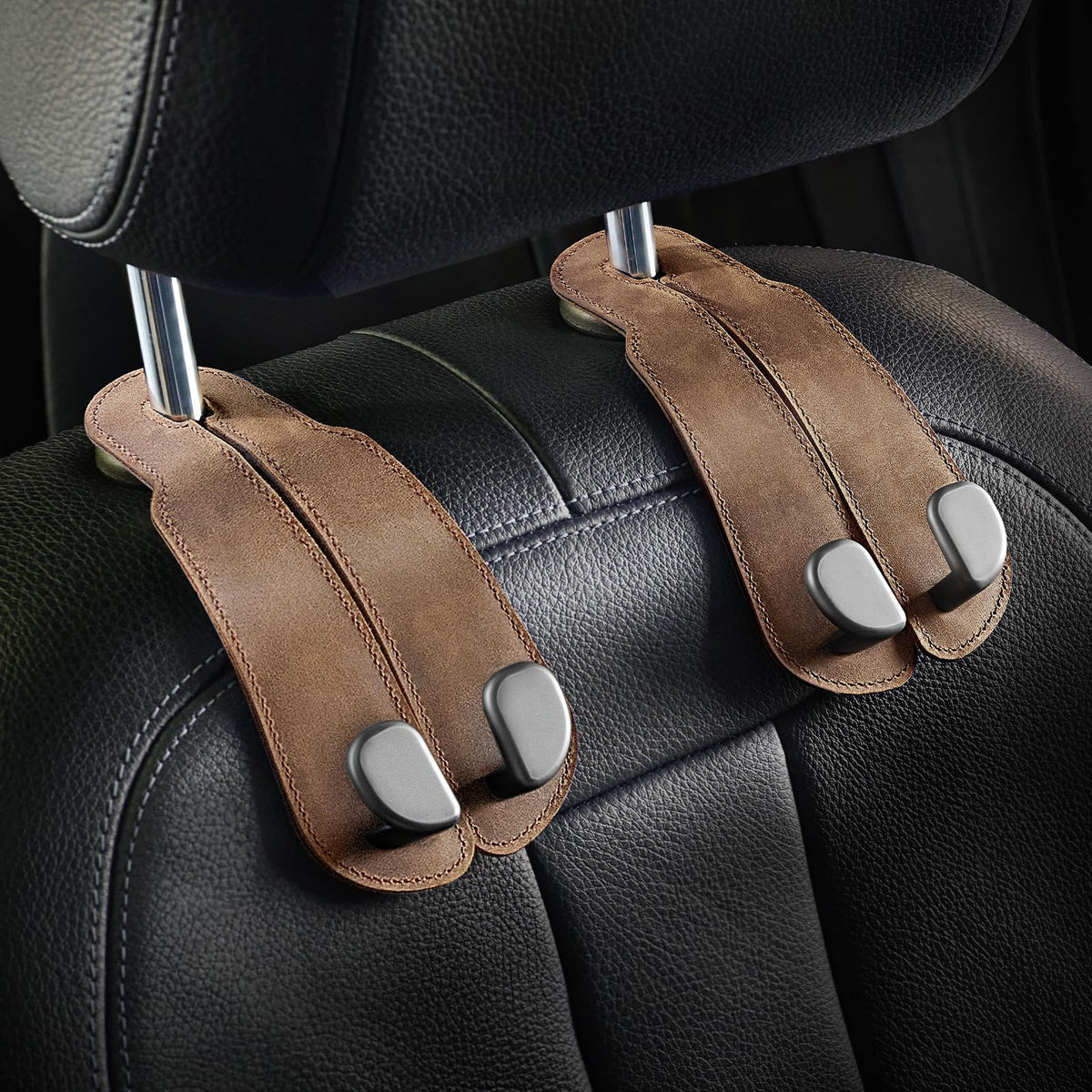 CoBak Purse Hook for Car - Universal Premium Stitched Leather and Aluminum-Magnesium Alloy Double Car Seat Back Storage Hook for Purses, Handbags, Bags (2 Pack),Beige