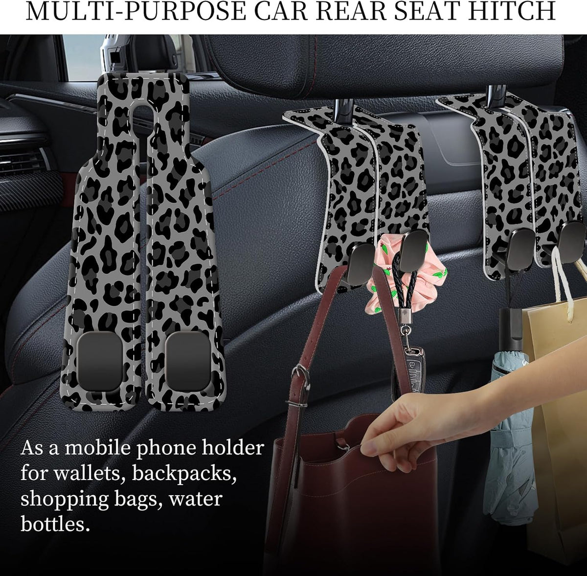 PU Leather Car Seat Hook, Storage Headrest Hanger, Cute Car Backseat Organizer, Car Hooks For Purses and Bags Gray Black Leopard