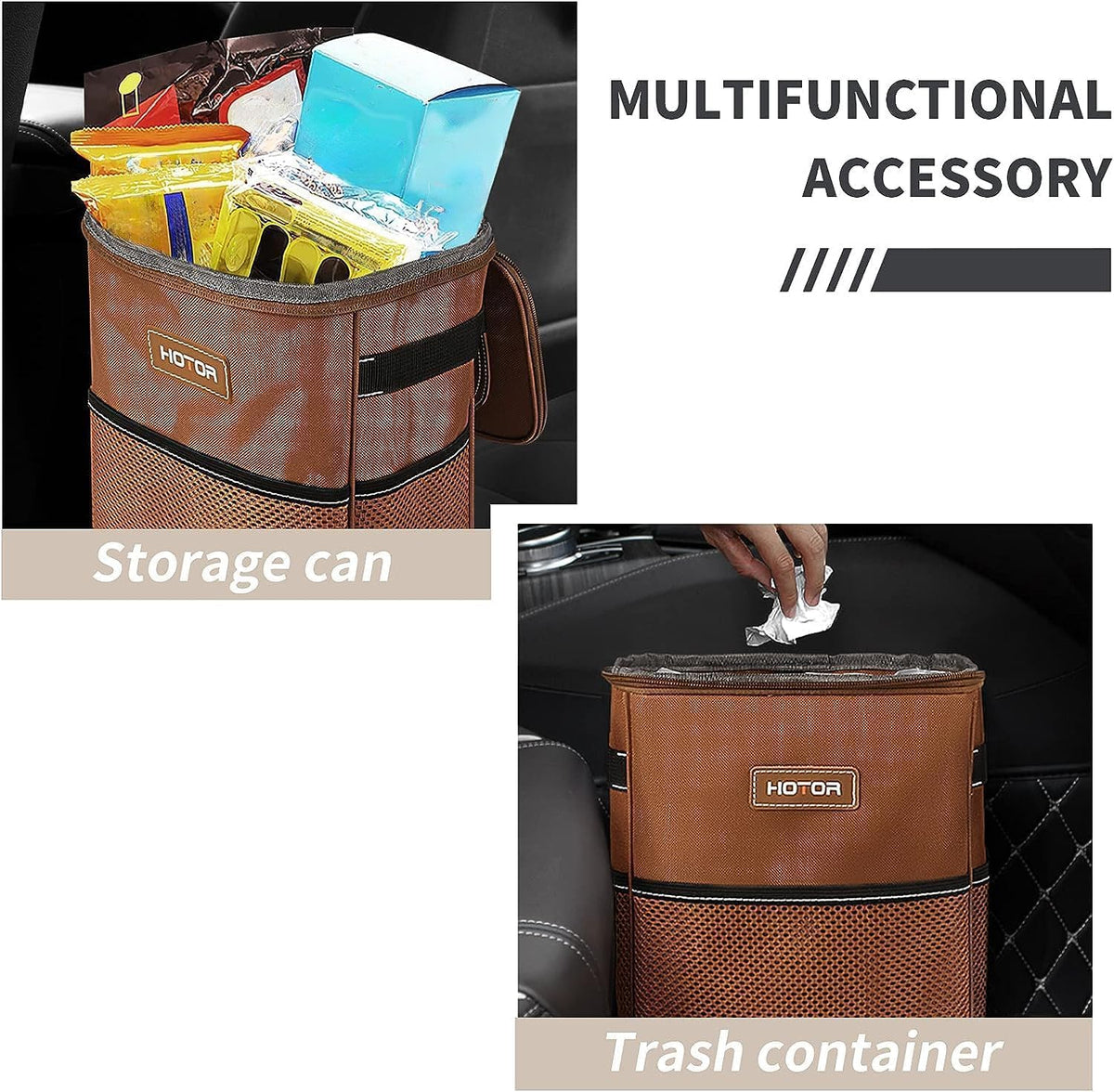 HOTOR Car Trash Can, Leakproof Car Organizer, 2-Gallon, Brown