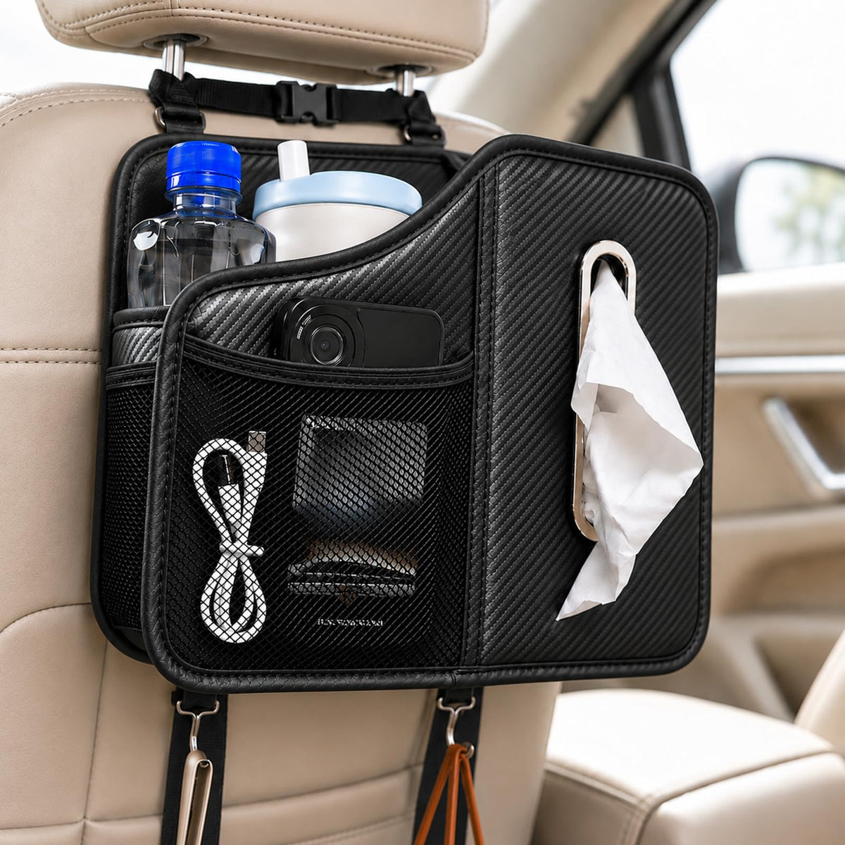 Leather Car Tissue Holder, Back Seat Car Organizer with Cup Holder & Hooks
