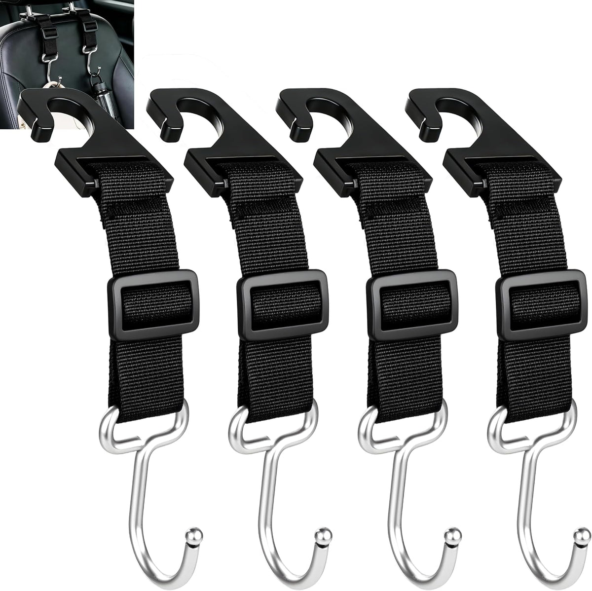 Amooca Adjustable 4 Pack Car Headrest Hooks Heavy Duty Metal Bag Hanger