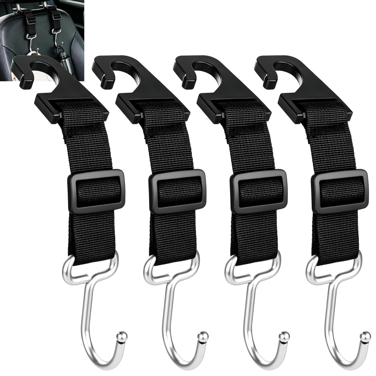 Amooca Adjustable 4 Pack Car Headrest Hooks Heavy Duty Metal Bag Hanger