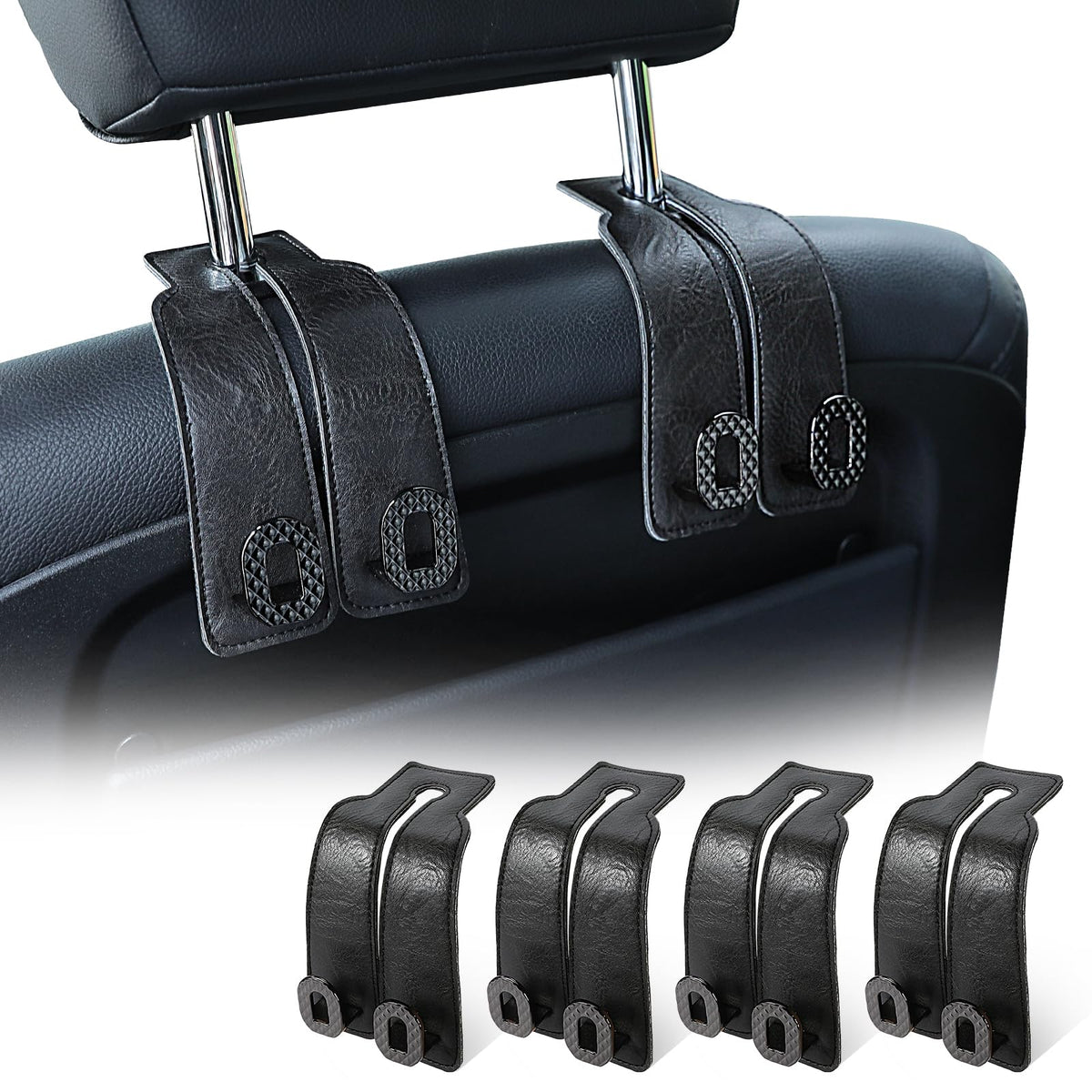 Car Headrest Hooks Universal Car Purse Hook Premium Leather and Alloy Twin Hook Car Seat Back Storage Hanger Hook for Purse Bags Cloth Drink Durable Holder Car Accessories (BH09-Grey-Black)