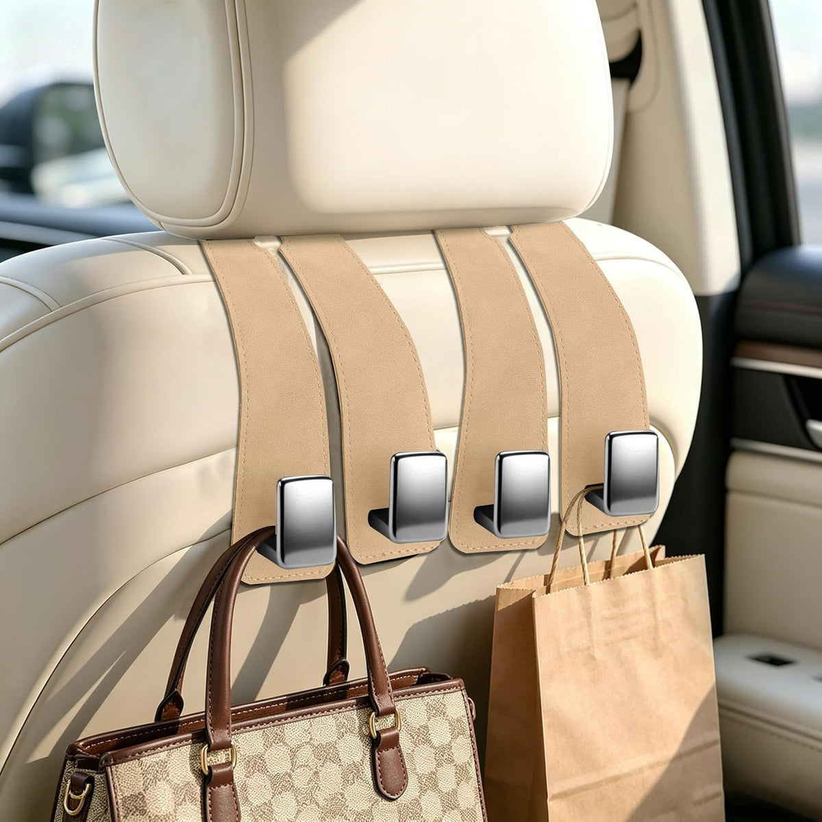 Amooca 4-Pack Anti-Fall Car Headrest Hooks Metal Core Hanger for Bags