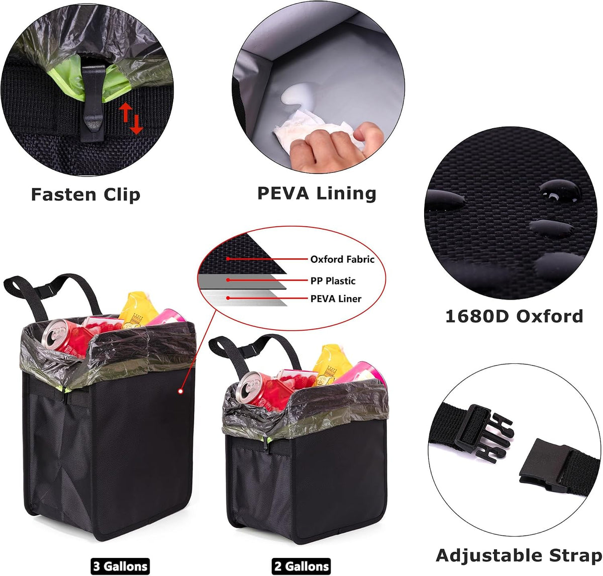Ginsco 3 Gallons Open-Top Car Trash Can, Large Capacity Hanging Leakproof Car Trash Bag with Water-proof PEVA Liner, Stand Trash Bag for Cars Foldable Storage Bag for Cars SUV Truck RV Black