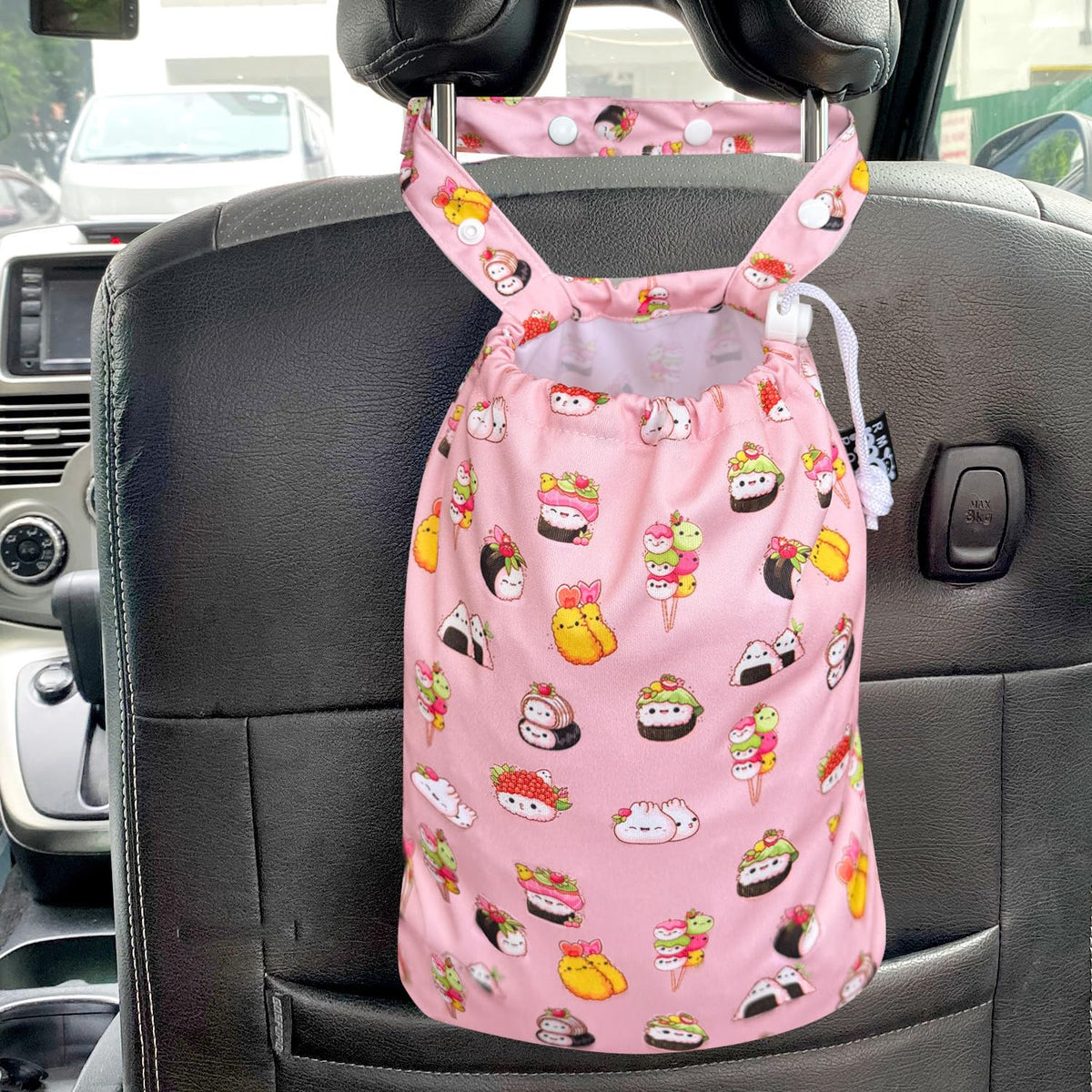 Waterproof Car Trash Bag Reusable Portable Garbage Can with Drawstring Top Adjustable Hanging Strap Leakproof & Washable for Cars SUVs & Trucks (White Cats)