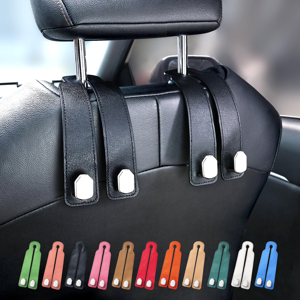 Car Seat Headrest Hooks, Genuine Leather and Zinc Alloy Car Purse Hook,Car Bag Hook,Car Seat Back Storage Hook for Purses, Handbags, Bags