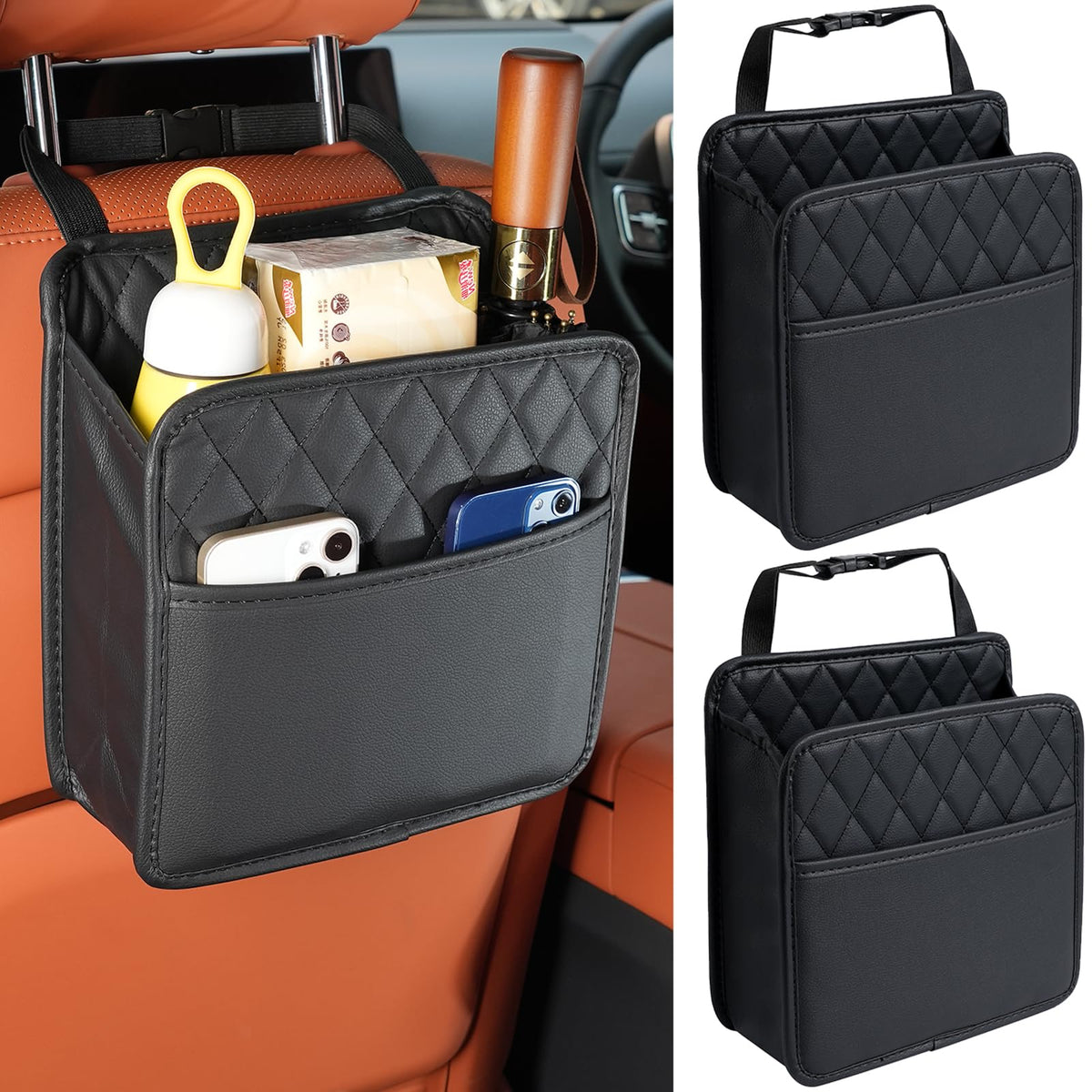FrgKbTm 2Pack Car Seat Back Organizer, Waterproof Car Backseat Organizer with Cup Holders Large Capacity Hanging Car Storage Bag for Phones Documents Cups Bottle Travel Compatible with Most Vehicles