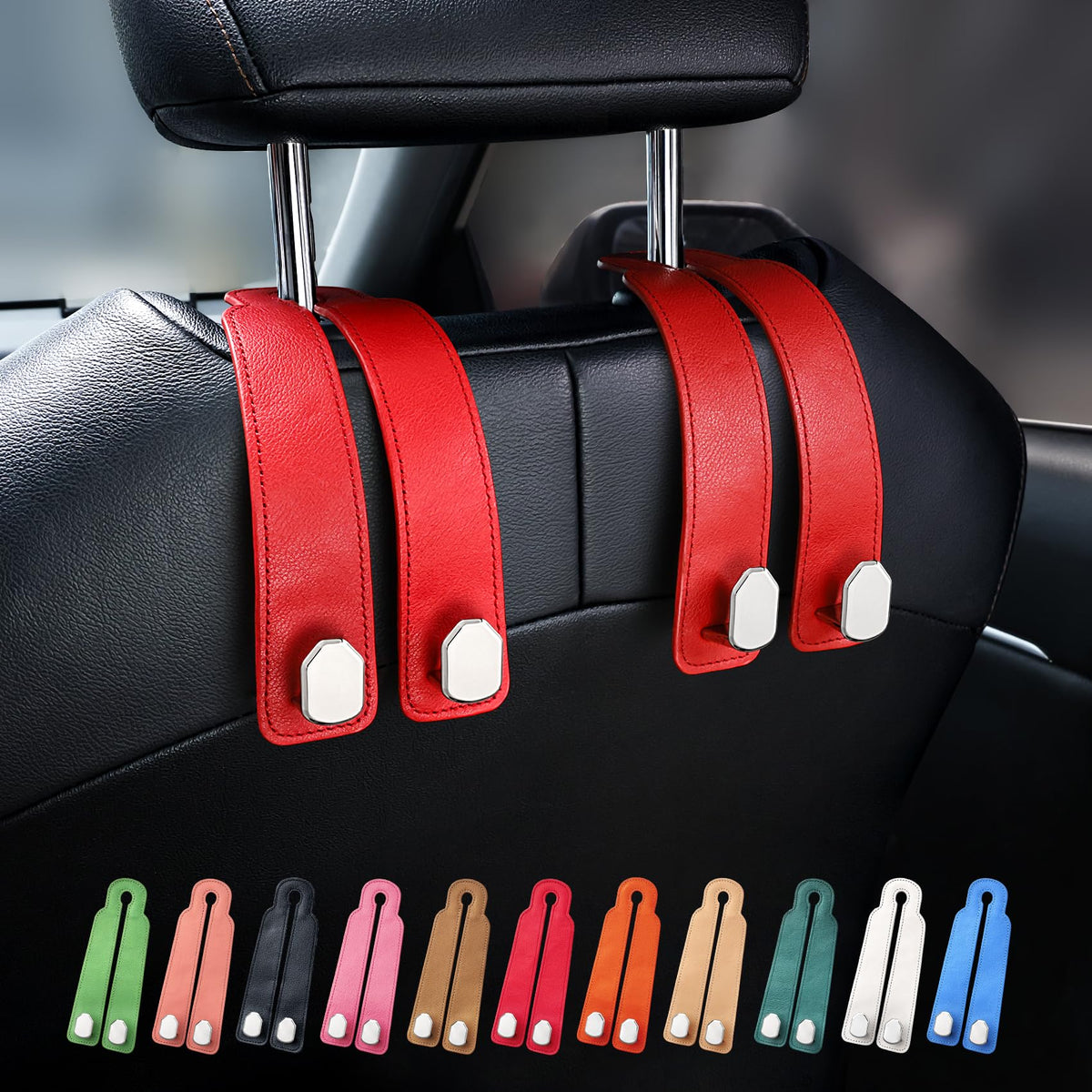 Car Seat Headrest Hooks, Genuine Leather and Zinc Alloy Car Purse Hook,Car Bag Hook,Car Seat Back Storage Hook for Purses, Handbags, Bags