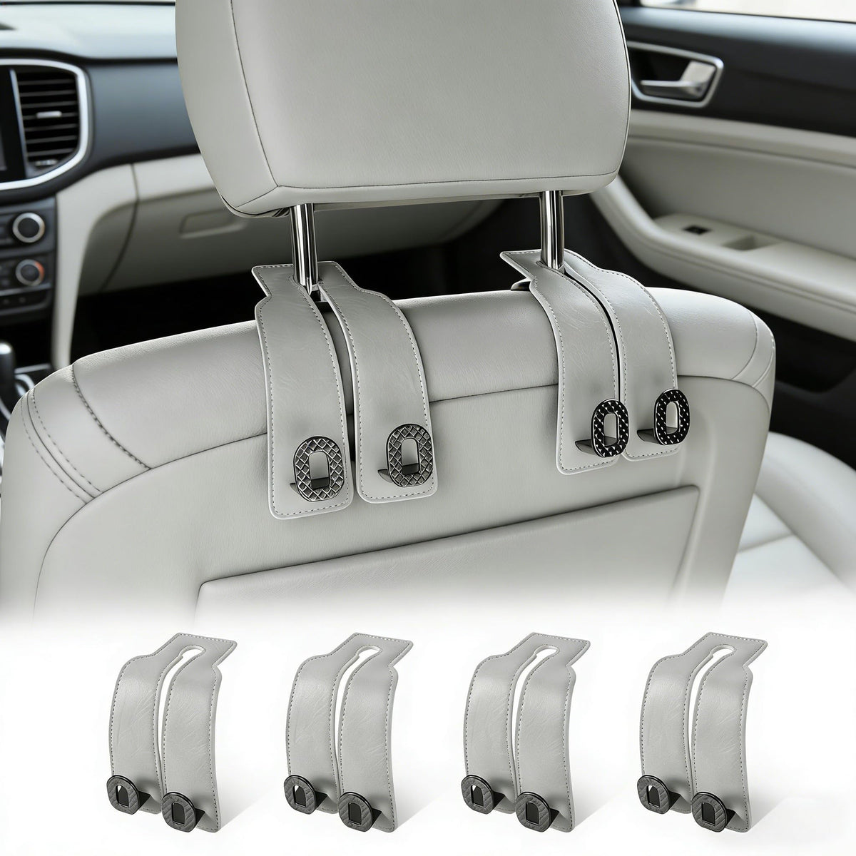Car Headrest Hooks Universal Car Purse Hook Premium Leather and Alloy Twin Hook Car Seat Back Storage Hanger Hook for Purse Bags Cloth Drink Durable Holder Car Accessories (BH09-Grey-Black)