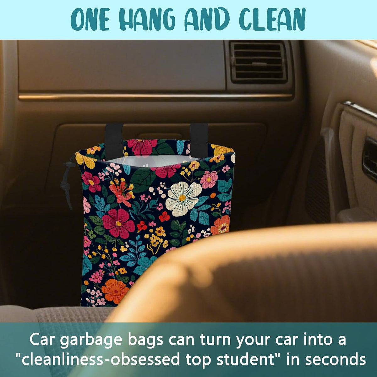 Car Garbage Bag Watercolor Floral and Leaves Drawstring Car Trash Bag Hanging for Back Seat with Adjustable Buckle Canvas Vehicle Trash Can Easy-to-Install