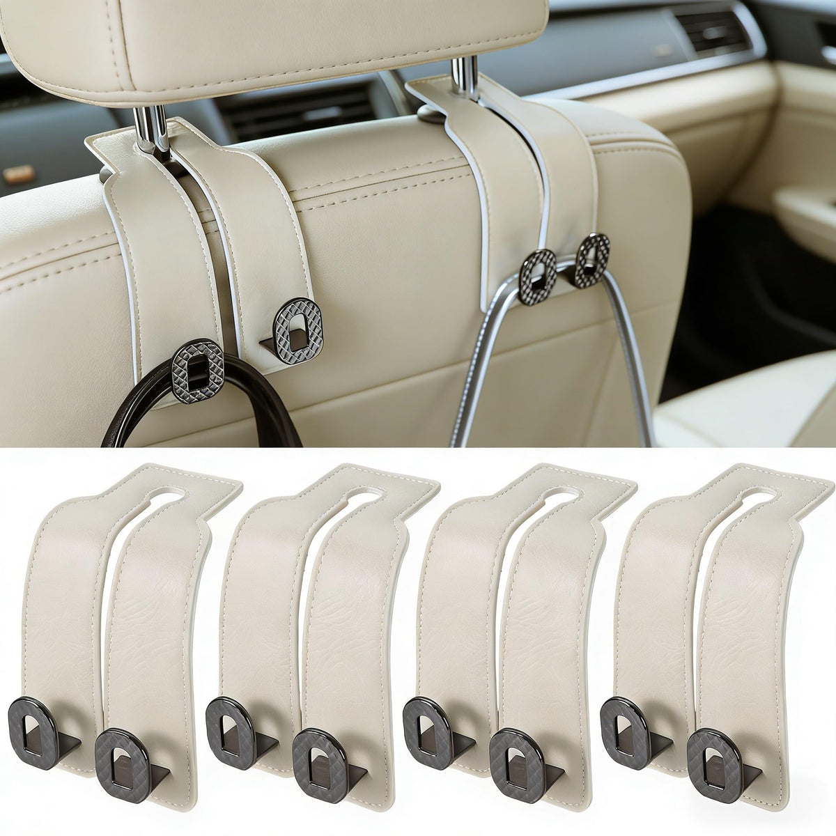 Car Headrest Hooks Universal Car Purse Hook Premium Leather and Alloy Twin Hook Car Seat Back Storage Hanger Hook for Purse Bags Cloth Drink Durable Holder Car Accessories (BH09-Grey-Black)