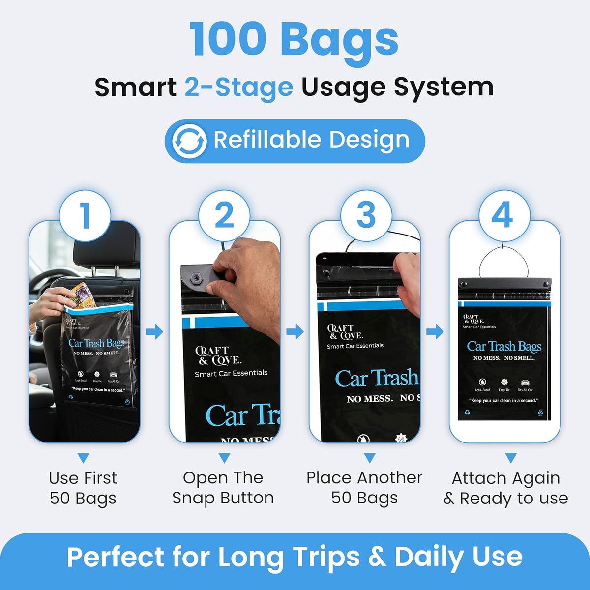 Hanging Car Trash Bags Disposable, 2 Gallon Car Garbage Bags. Black