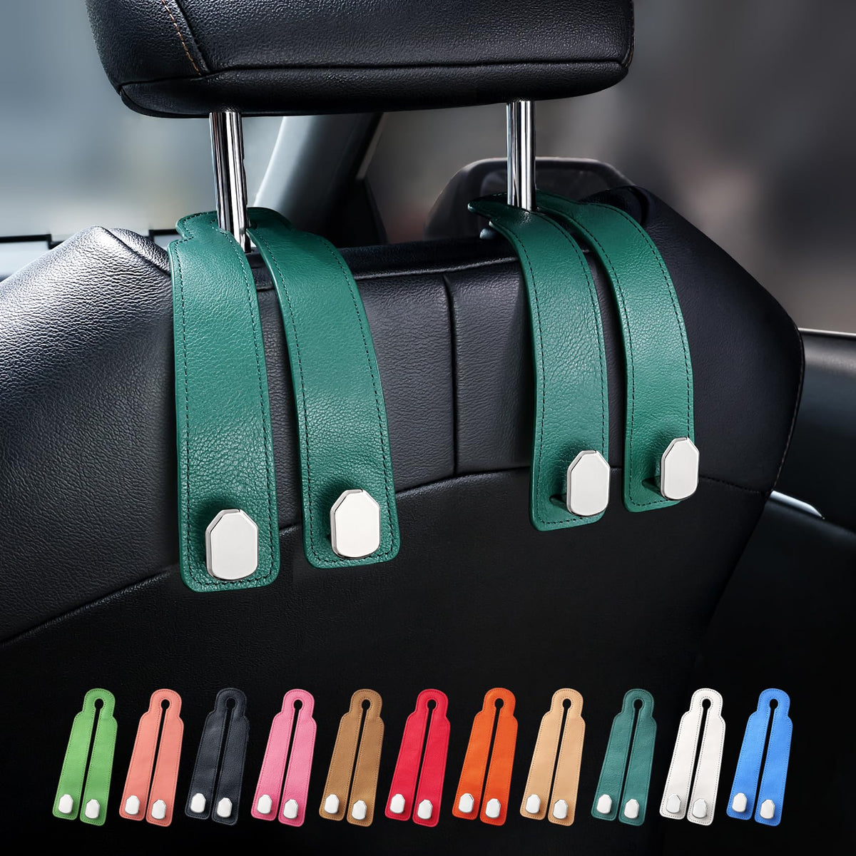 Car Seat Headrest Hooks, Genuine Leather and Zinc Alloy Car Purse Hook,Car Bag Hook,Car Seat Back Storage Hook for Purses, Handbags, Bags