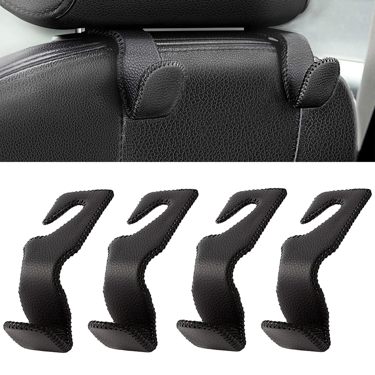 AMVOYOA Headrest Hooks for Car, Back Seat Organizer Gray Leather Hanger Holder Hook, for Hanging Purses and Bags and Coats, Pack of 2