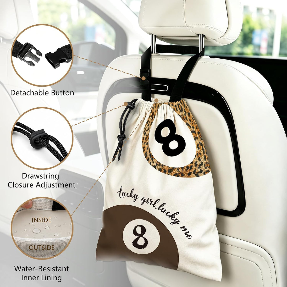 Trendy Leopard Lucky 8 Ball Hanging Car Trash Bag, 11x13Inch