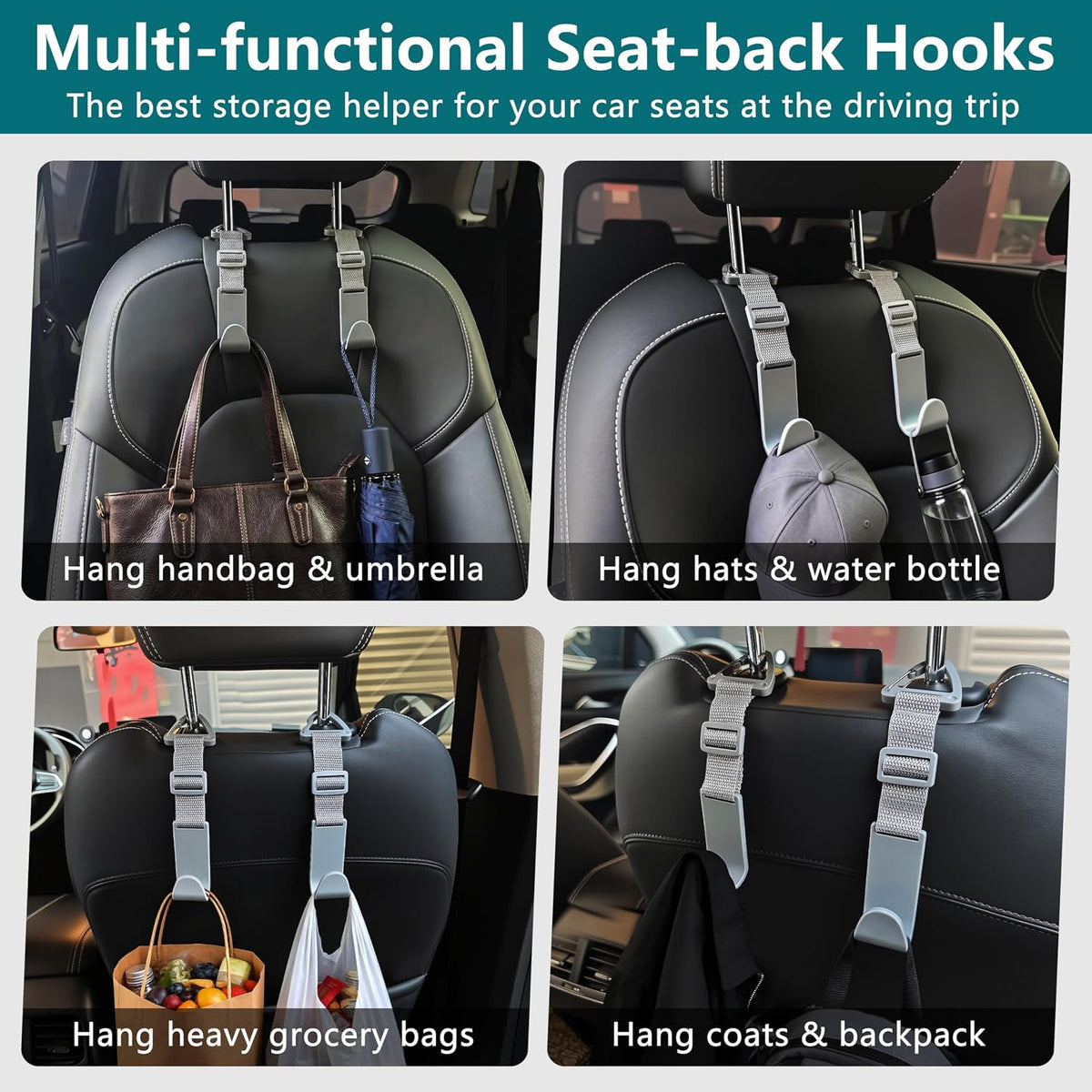 Amooca 4 Pack Anti-drop Headrest Hooks Adjustable Car Seat Organizer
