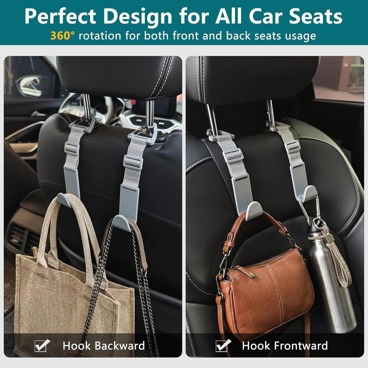 Amooca 4 Pack Anti-drop Headrest Hooks Adjustable Car Seat Organizer