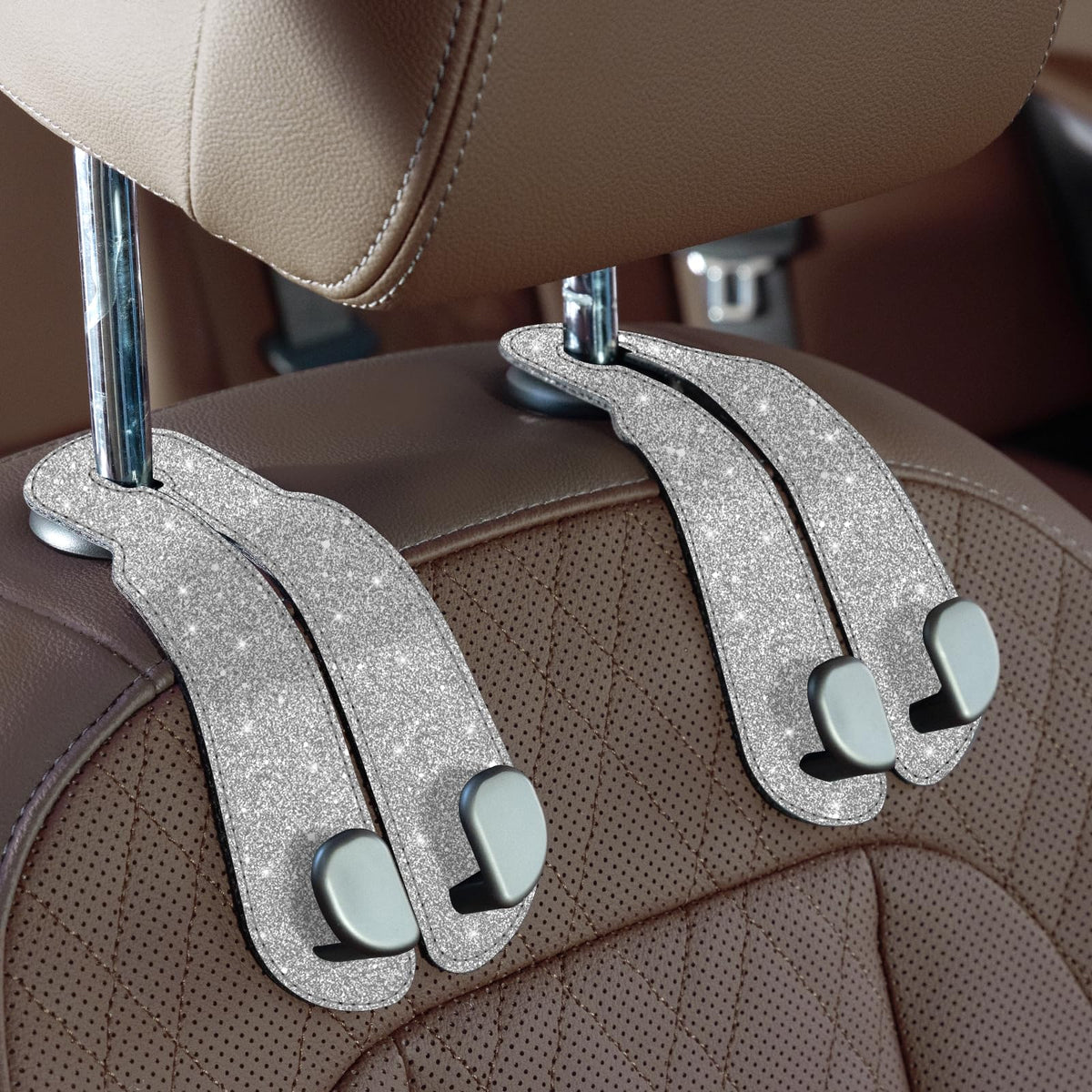 CoBak Purse Hook for Car - Universal Premium Stitched Leather and Aluminum-Magnesium Alloy Double Car Seat Back Storage Hook for Purses, Handbags, Bags (2 Pack),Beige
