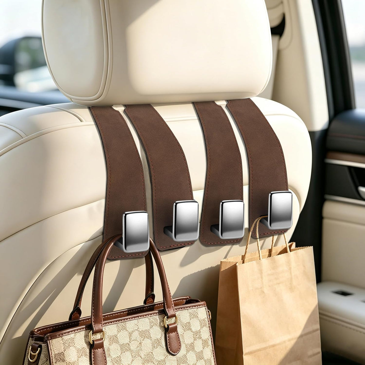 Amooca 4-Pack Anti-Fall Car Headrest Hooks Metal Core Hanger for Bags