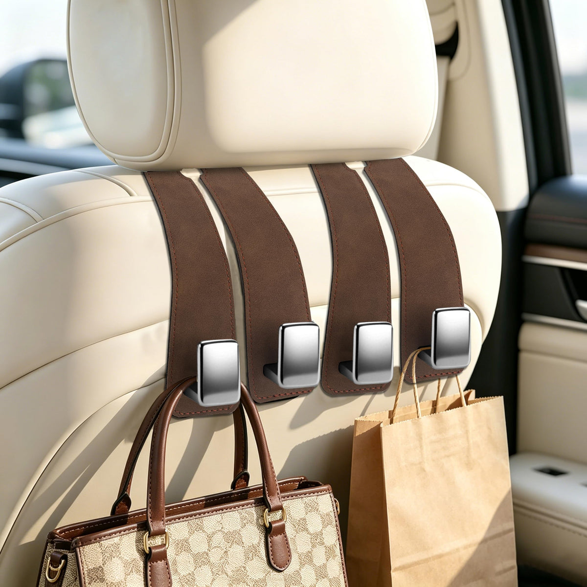 Amooca 4-Pack Anti-Fall Car Headrest Hooks Metal Core Hanger for Bags