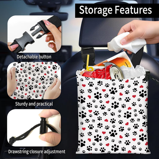 Car Trash Bag Large Hanging Can for Back of Seat, Cute Waterproof Car Garbage Bag for Vehicle, Travelling, Outdoor Cute Dog Paw Heart