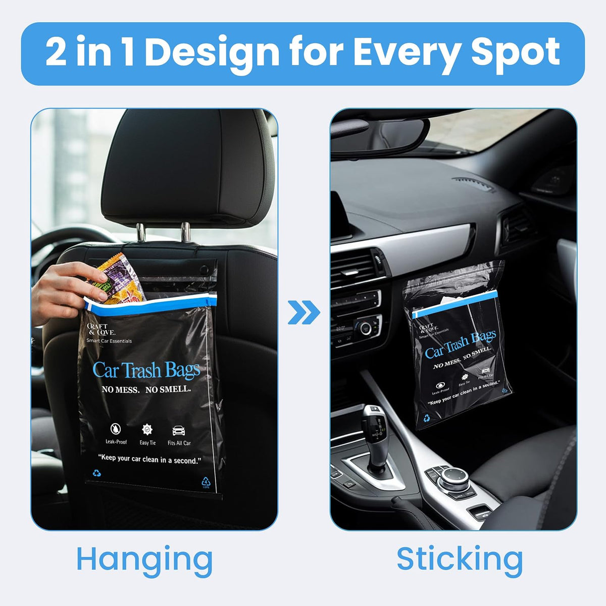 Hanging Car Trash Bags Disposable, 2 Gallon Car Garbage Bags. Black