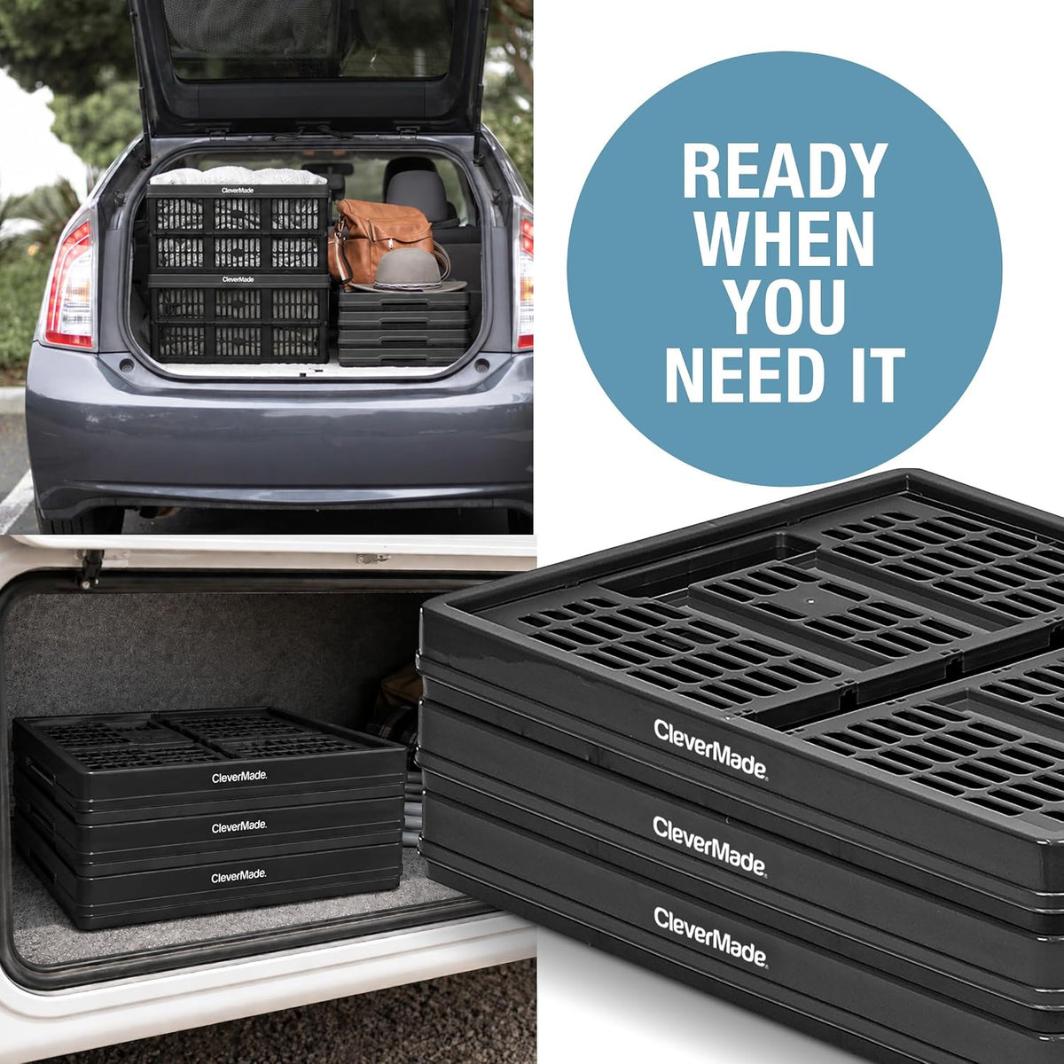 CleverMade Collapsible Utility Crate For Storage, 45L 1 Pack, Obsidian