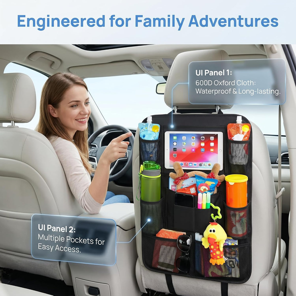 Car Backseat Organizer with 10" Tablet Holder, Seat Back Protectors Kick Mats for Kids Toddlers, Large Storage Pockets Travel Accessories for SUV Minivan Airplan 2 Pack