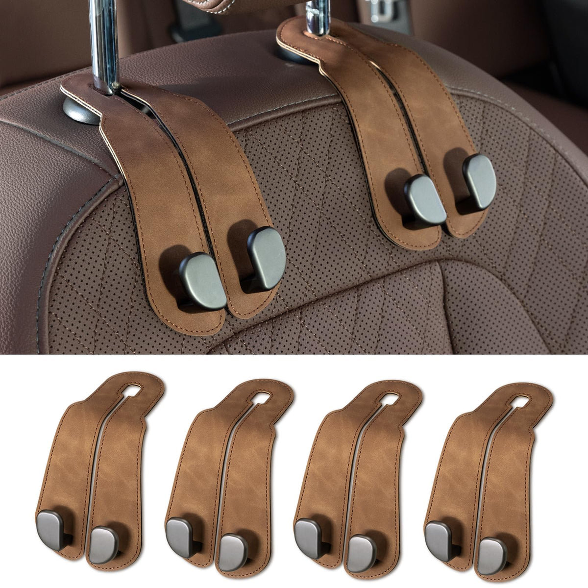 CoBak Purse Hook for Car - Universal Premium Stitched Leather and Aluminum-Magnesium Alloy Double Car Seat Back Storage Hook for Purses, Handbags, Bags (2 Pack),Beige