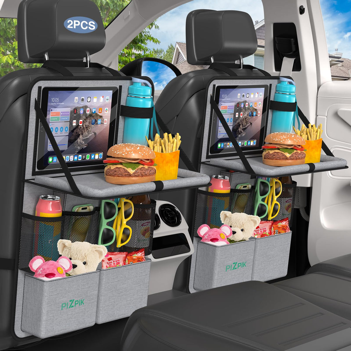 Plzpik Car Backseat Organizer with Tray(2Pack),13 Storage Pockets with Foldable Food Tray, Protector Kick Mats for Kids, Travel Accessories Organizer (Black)