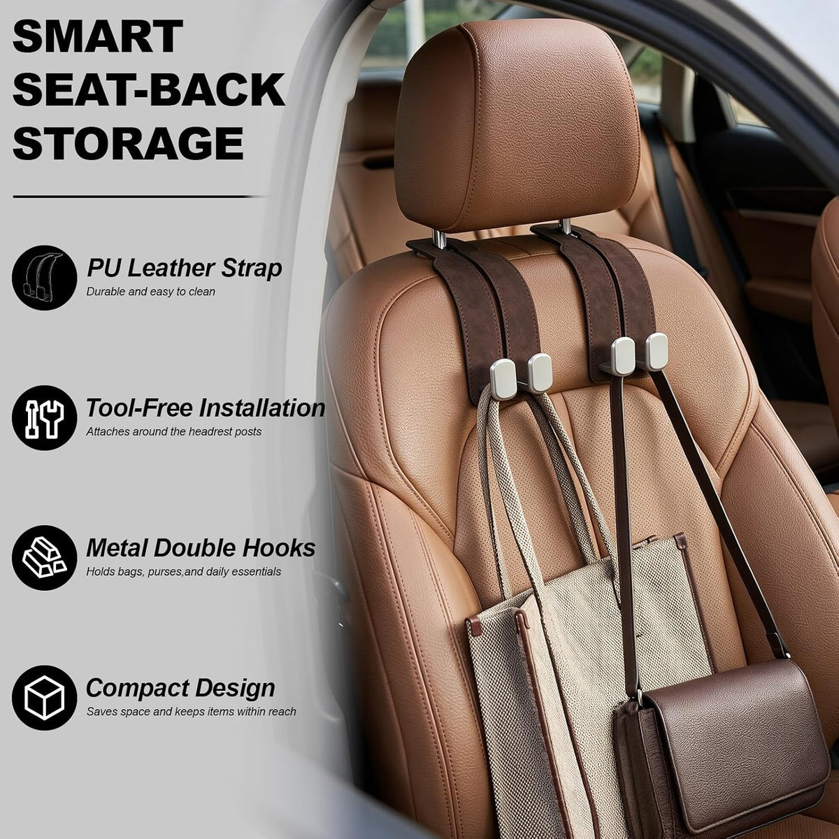 Suede Car Headrest Hooks Universal Heavy Duty Back Seat Hanger(Brown)